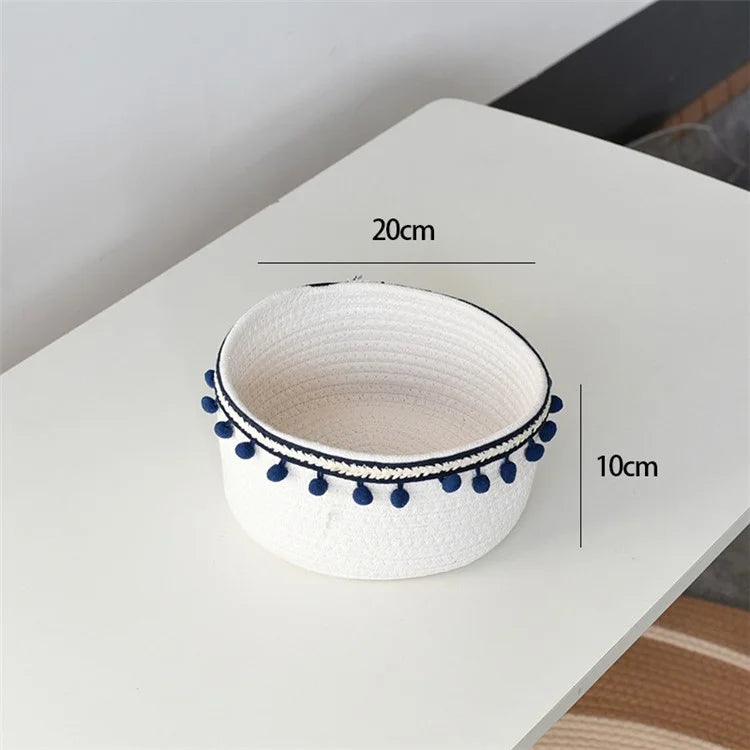 Woven Cotton Rope Storage Basket Desktop Storage Holder with Pompom Tassel