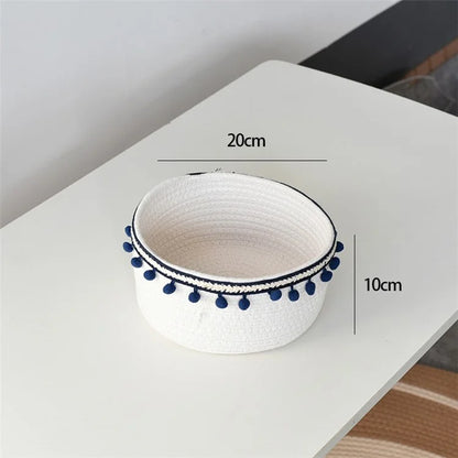 Woven Cotton Rope Storage Basket Desktop Storage Holder with Pompom Tassel