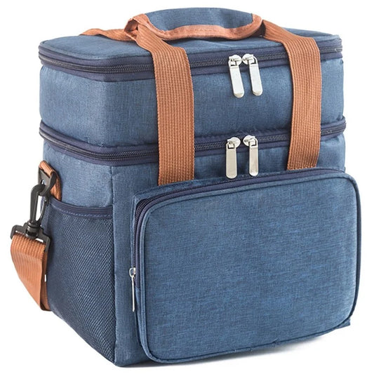 2 Layers Insulated Lunch Bag Large Capacity Food Storage Drink Cooling Handbag with Shoulder Strap