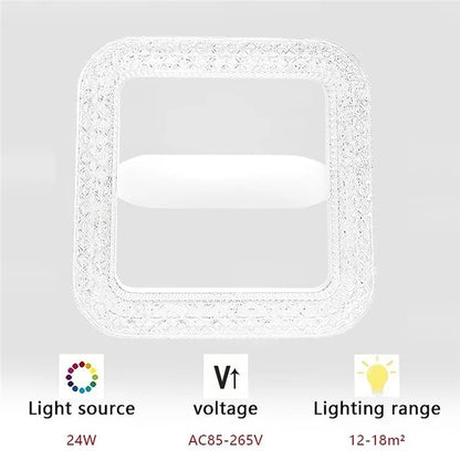 E27 24W Square LED Crystal Light Energy Saving Bedroom Dining Room Home Lamp, White Light 23cm