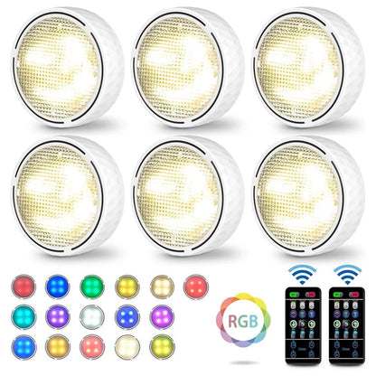 6Pcs Cabinet Bedside Round Lamp Dimmable Timing RGB LED Night Light with 2 Remote Control