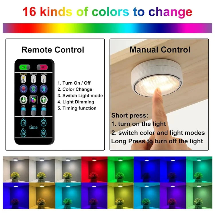 6Pcs Cabinet Bedside Round Lamp Dimmable Timing RGB LED Night Light with 2 Remote Control