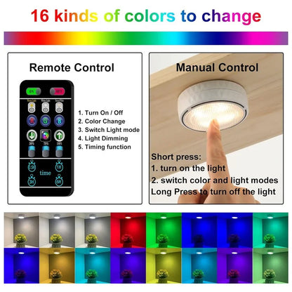 6Pcs Cabinet Bedside Round Lamp Dimmable Timing RGB LED Night Light with 2 Remote Control