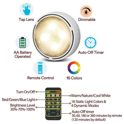 6Pcs Cabinet Bedside Round Lamp Dimmable Timing RGB LED Night Light with 2 Remote Control