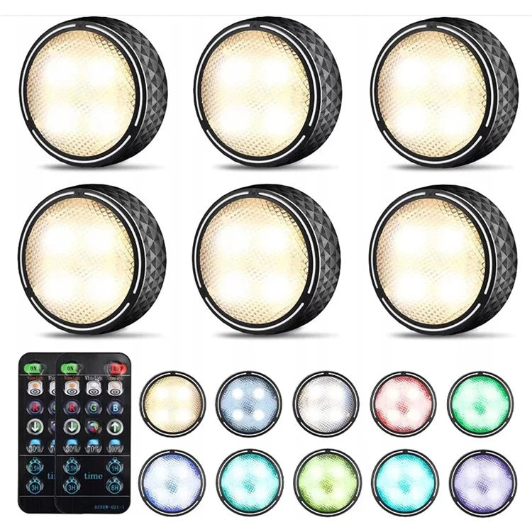 6Pcs Cabinet Bedside Round Lamp Dimmable Timing RGB LED Night Light with 2 Remote Control
