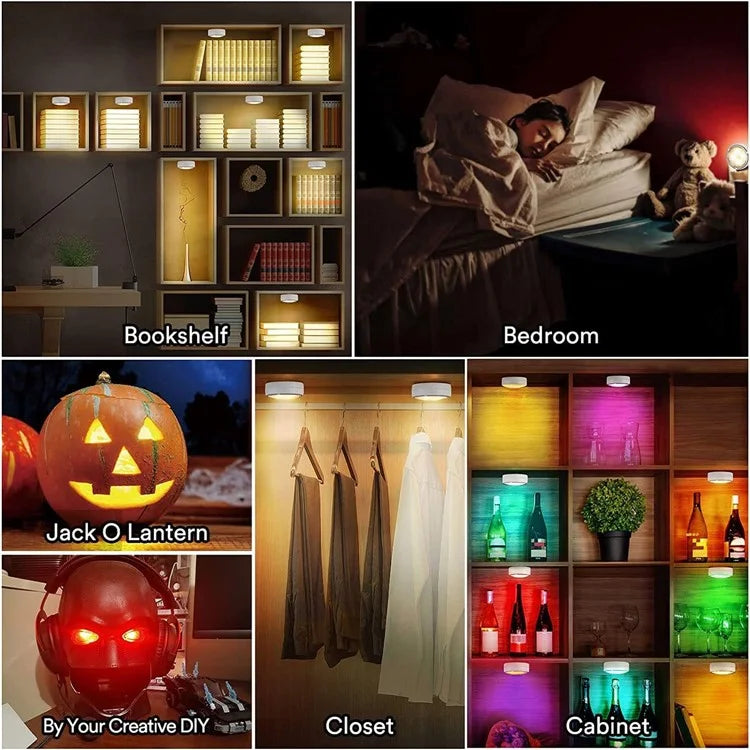 6Pcs Cabinet Bedside Round Lamp Dimmable Timing RGB LED Night Light with 2 Remote Control