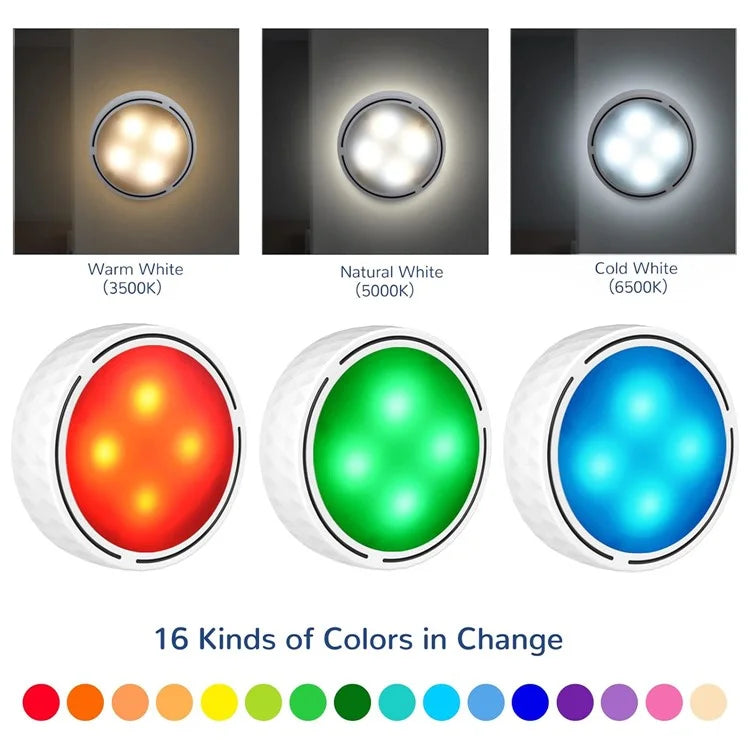 6Pcs Cabinet Bedside Round Lamp Dimmable Timing RGB LED Night Light with 2 Remote Control