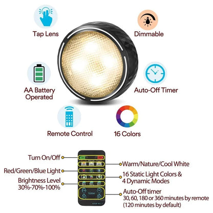 6Pcs Cabinet Bedside Round Lamp Dimmable Timing RGB LED Night Light with 2 Remote Control