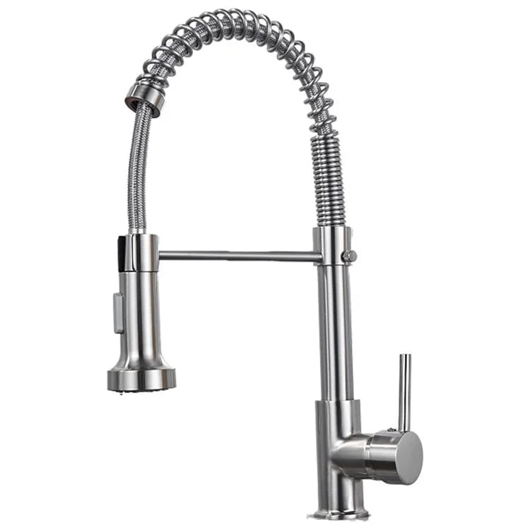 Spring Pull-Out Kitchen Stainless Steel Hot Cold Water Faucet Splash-Proof 2 Modes Sink Faucet with 2 Water Inlet Hoses - Electroplating Silver