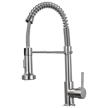 Spring Pull-Out Kitchen Stainless Steel Hot Cold Water Faucet Splash-Proof 2 Modes Sink Faucet with 2 Water Inlet Hoses - Electroplating Silver