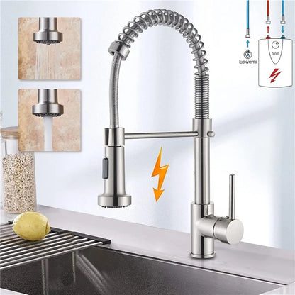 Spring Pull-Out Kitchen Stainless Steel Hot Cold Water Faucet Splash-Proof 2 Modes Sink Faucet with 2 Water Inlet Hoses - Electroplating Silver