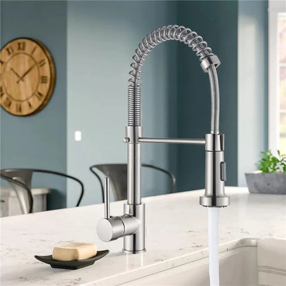 Spring Pull-Out Kitchen Stainless Steel Hot Cold Water Faucet Splash-Proof 2 Modes Sink Faucet with 2 Water Inlet Hoses - Electroplating Silver