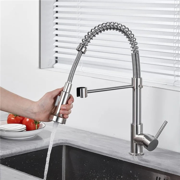 Spring Pull-Out Kitchen Stainless Steel Hot Cold Water Faucet Splash-Proof 2 Modes Sink Faucet with 2 Water Inlet Hoses - Electroplating Silver