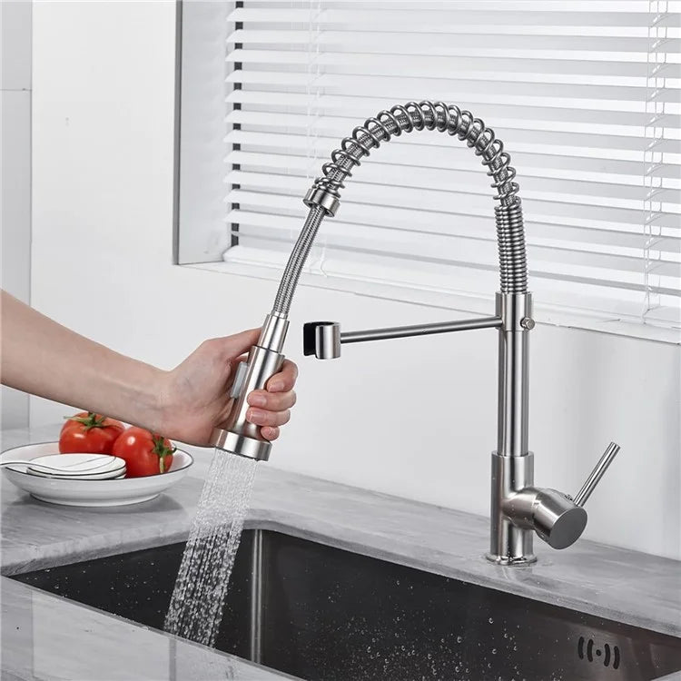 Spring Pull-Out Kitchen Stainless Steel Hot Cold Water Faucet Splash-Proof 2 Modes Sink Faucet with 2 Water Inlet Hoses - Electroplating Silver