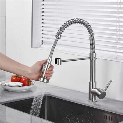 Spring Pull-Out Kitchen Stainless Steel Hot Cold Water Faucet Splash-Proof 2 Modes Sink Faucet with 2 Water Inlet Hoses - Electroplating Silver