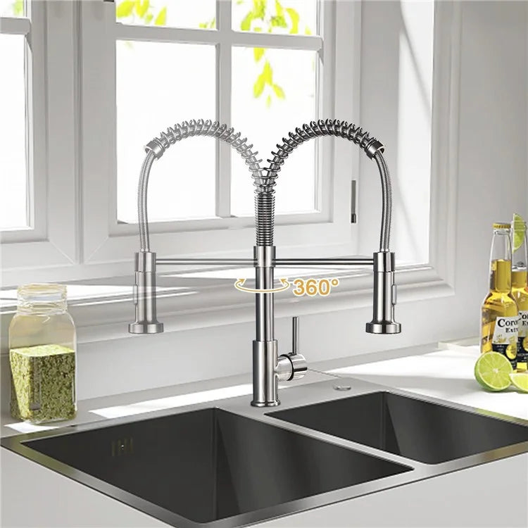 Spring Pull-Out Kitchen Stainless Steel Hot Cold Water Faucet Splash-Proof 2 Modes Sink Faucet with 2 Water Inlet Hoses - Electroplating Silver