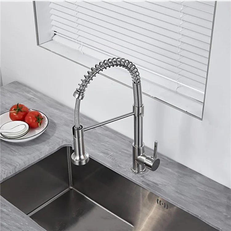 Spring Pull-Out Kitchen Stainless Steel Hot Cold Water Faucet Splash-Proof 2 Modes Sink Faucet with 2 Water Inlet Hoses - Electroplating Silver