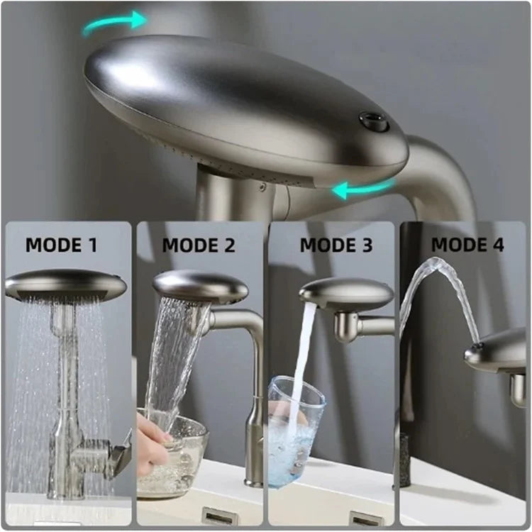 Wash Basin Rotatable Four Modes Hot and Cold Water Faucet Home Bathroom Tap with 2 Water Inlet Pipes - Grey
