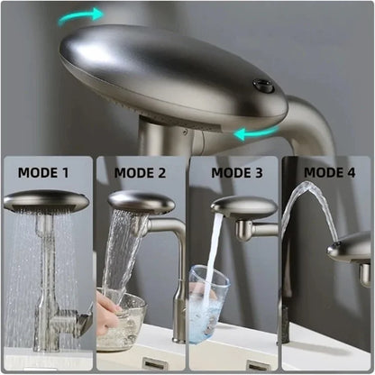 Wash Basin Rotatable Four Modes Hot and Cold Water Faucet Home Bathroom Tap with 2 Water Inlet Pipes - Grey
