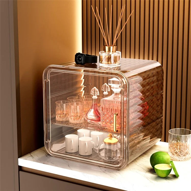 Dustproof Coffee Mug Cup Organizer Table Double Layer Storage Box, Size M