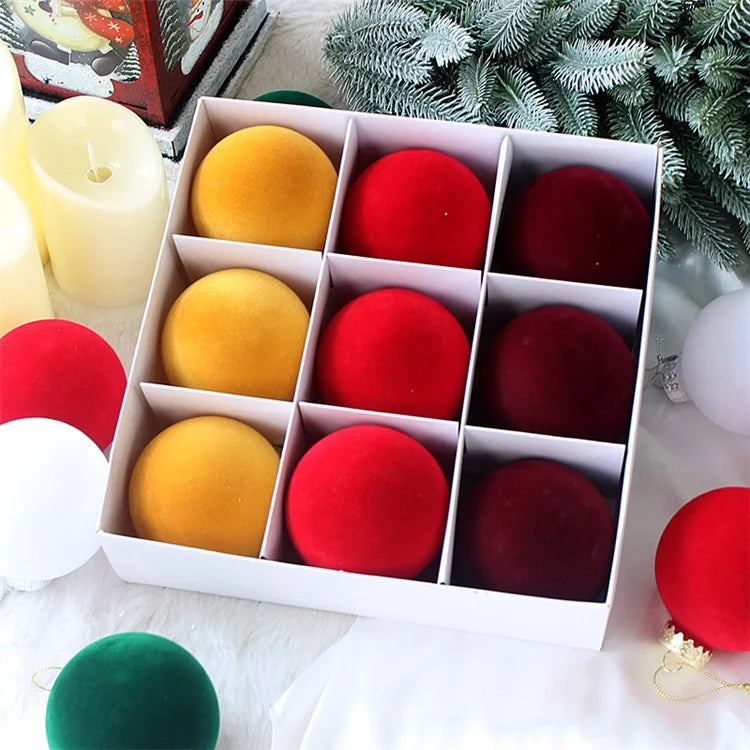 9Pcs / Set 8cm PET Flocking Christmas Balls Ornament Xmas Tree Hanging Decoration