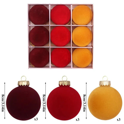9Pcs / Set 8cm PET Flocking Christmas Balls Ornament Xmas Tree Hanging Decoration