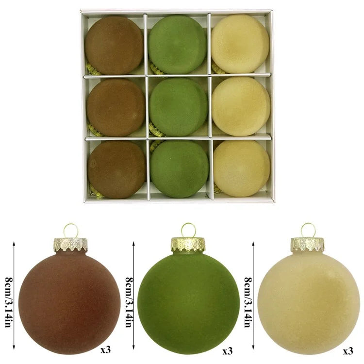 9Pcs / Set 8cm PET Flocking Christmas Balls Ornament Xmas Tree Hanging Decoration