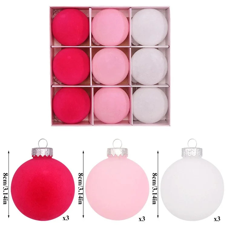 9Pcs / Set 8cm PET Flocking Christmas Balls Ornament Xmas Tree Hanging Decoration