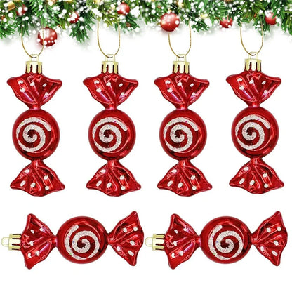 6Pcs Electroplating Plastic Candy Christmas Decoration Flat Candy Shape Xmas Hanging Ornament