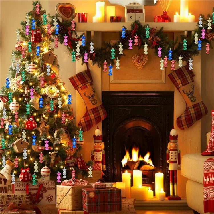 6Pcs Electroplating Plastic Candy Christmas Decoration Flat Candy Shape Xmas Hanging Ornament