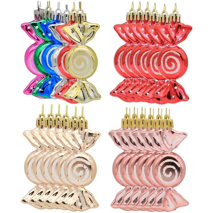 6Pcs Electroplating Plastic Candy Christmas Decoration Flat Candy Shape Xmas Hanging Ornament