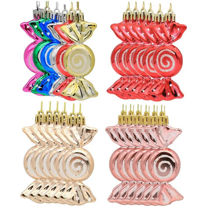 6Pcs Electroplating Plastic Candy Christmas Decoration Flat Candy Shape Xmas Hanging Ornament