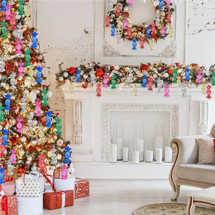 6Pcs Electroplating Plastic Candy Christmas Decoration Flat Candy Shape Xmas Hanging Ornament