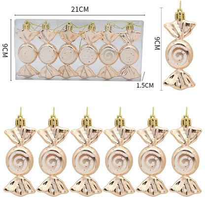 6Pcs Electroplating Plastic Candy Christmas Decoration Flat Candy Shape Xmas Hanging Ornament