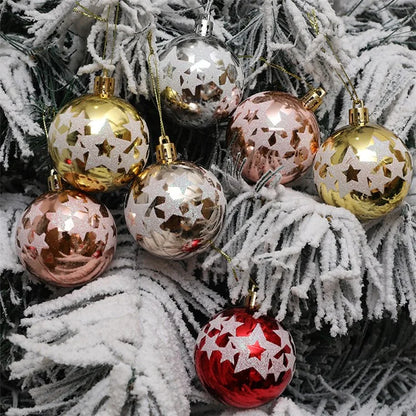 6Pcs 6cm Star Pattern Round Ball Christmas Tree Decor Electroplating Plastic Ball Xmas Hanging Ornament