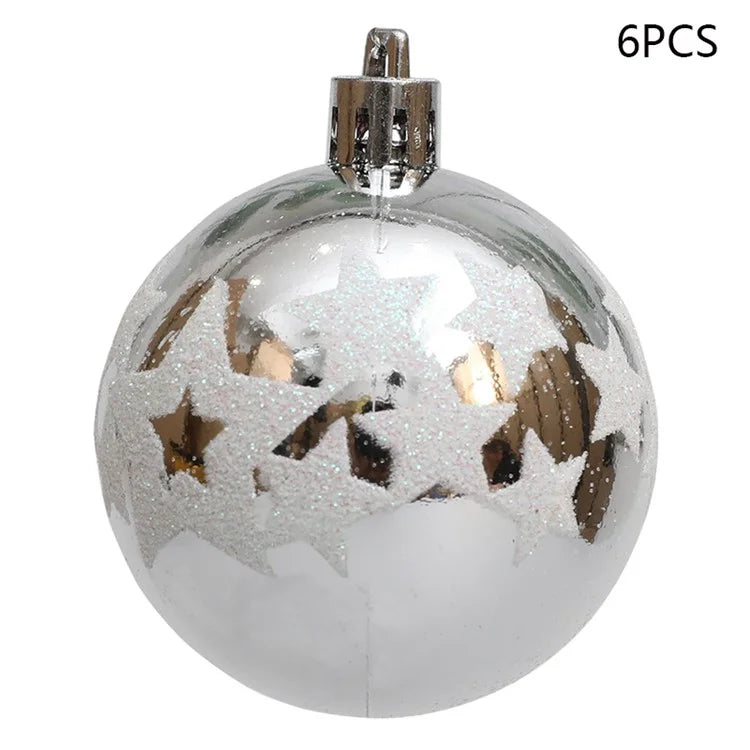6Pcs 6cm Star Pattern Round Ball Christmas Tree Decor Electroplating Plastic Ball Xmas Hanging Ornament