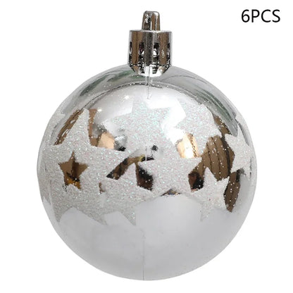 6Pcs 6cm Star Pattern Round Ball Christmas Tree Decor Electroplating Plastic Ball Xmas Hanging Ornament