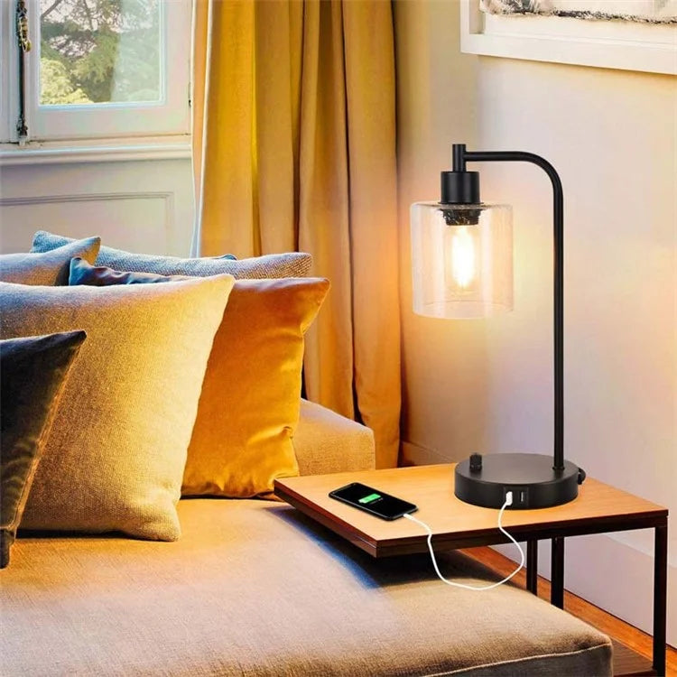 E27 Bulb Adjustable Brightness Retro Glass Table Lamp with Dual USB Ports, Textured Glass