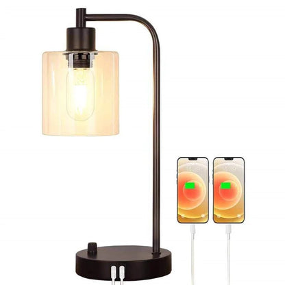 E27 Bulb Adjustable Brightness Retro Glass Table Lamp with Dual USB Ports, Glossy Glass