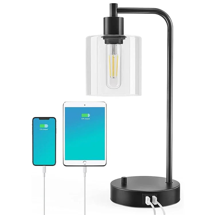 E27 Bulb Adjustable Brightness Retro Glass Table Lamp with Dual USB Ports, Glossy Glass