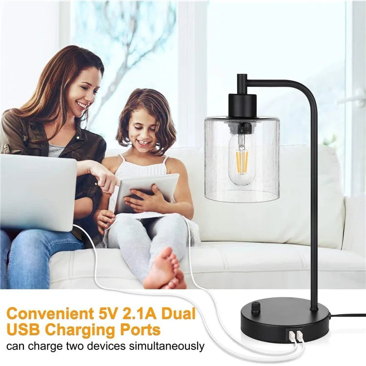 E27 Bulb Adjustable Brightness Retro Glass Table Lamp with Dual USB Ports, Glossy Glass