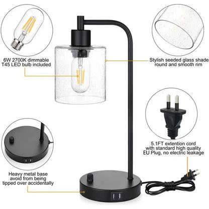 E27 Bulb Adjustable Brightness Retro Glass Table Lamp with Dual USB Ports, Glossy Glass