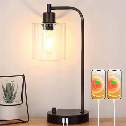 E27 Bulb Adjustable Brightness Retro Glass Table Lamp with Dual USB Ports, Glossy Glass