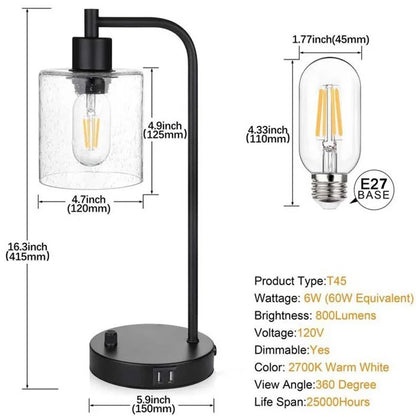 E27 Bulb Adjustable Brightness Retro Glass Table Lamp with Dual USB Ports, Glossy Glass
