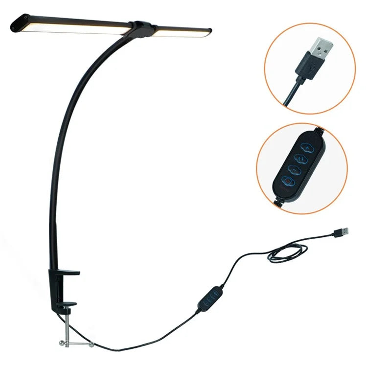 USB Powered Dual Head Reading Light Clip-On LED Desk Lamp with Adjustable Gooseneck