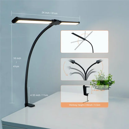 USB Powered Dual Head Reading Light Clip-On LED Desk Lamp with Adjustable Gooseneck