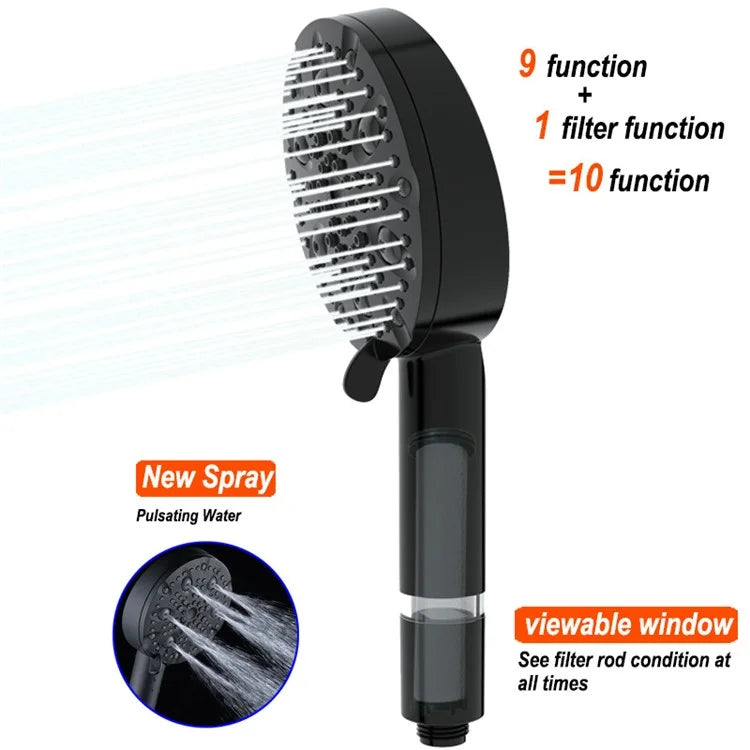 Water Saving 10 Modes Handheld Filter Shower Head with Stainless Steel Hose, Matte Black