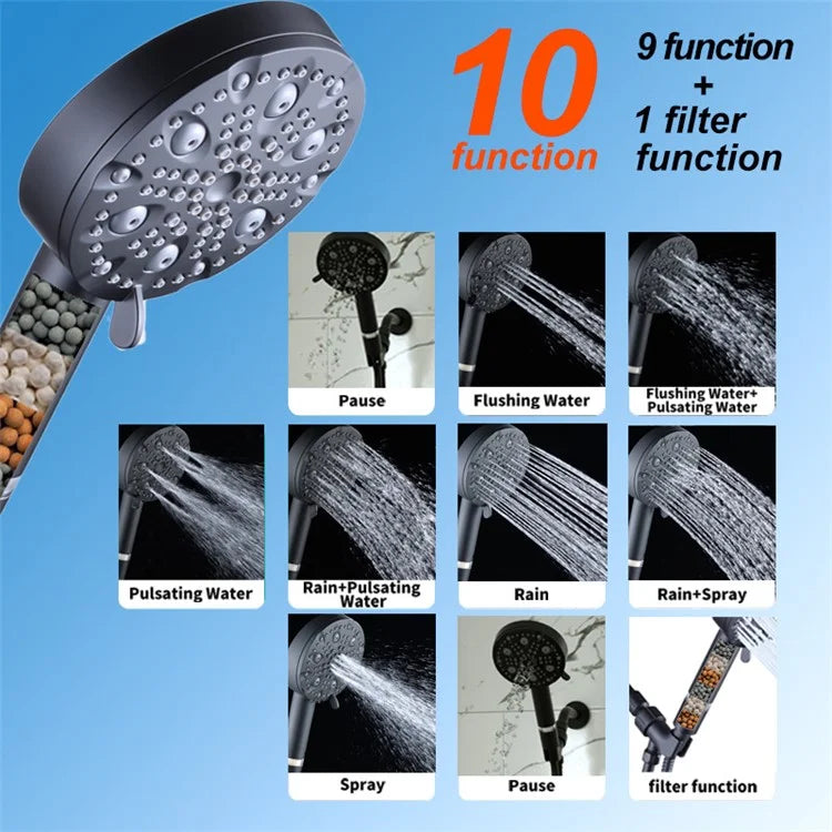 Water Saving 10 Modes Handheld Filter Shower Head with Stainless Steel Hose, Matte Black