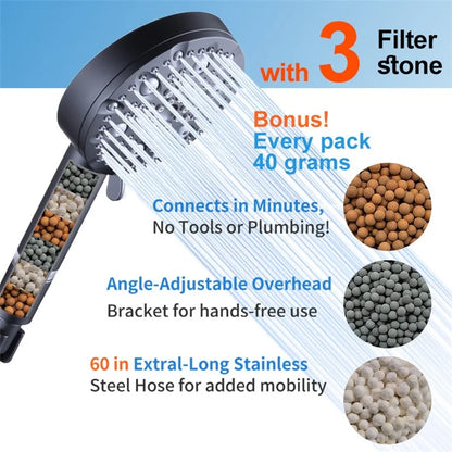 Water Saving 10 Modes Handheld Filter Shower Head with Stainless Steel Hose, Matte Black