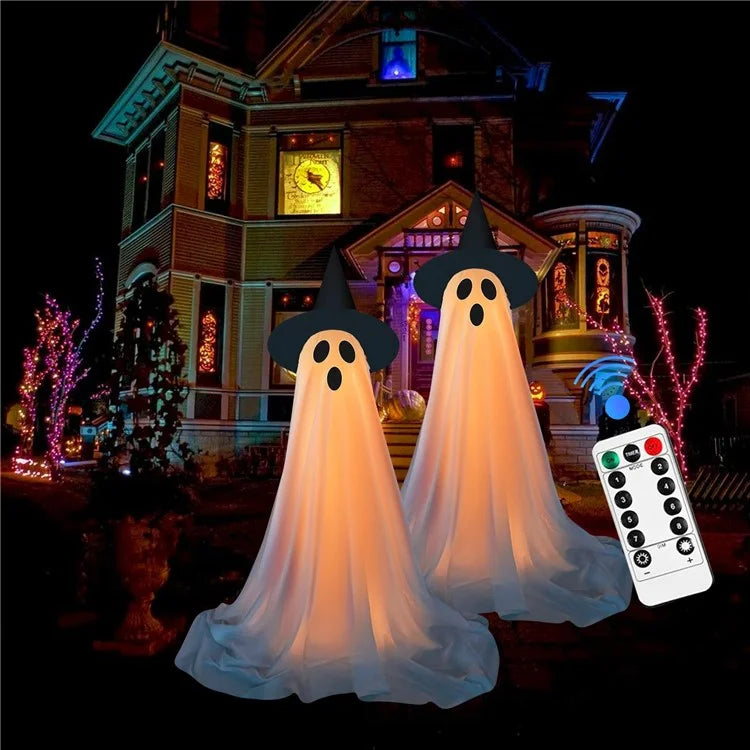 Halloween Outdoor Ghost Decoration with String Lights, Adjustable Height for Front Door, Porch, and Yard